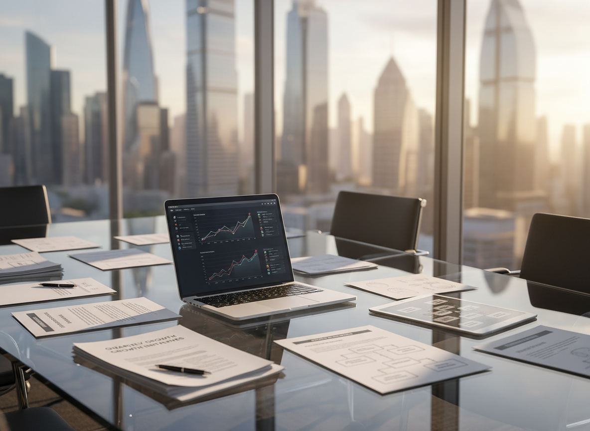 A sleek glass conference table covered with neatly arranged strategy documents, a slim silver laptop open to a dashboard of rising graphs, and a tablet displaying a clear profit acceleration roadmap. The table sits in a high-floor executive office with floor-to-ceiling windows overlooking a modern city skyline. Late afternoon natural light pours in, creating soft reflections on the glass surface and gentle shadows across the paperwork. Photographic realism, captured at eye level with a slight angle along the table’s length, sharp focus in the foreground and softly blurred background. The mood is focused and professional, emphasizing strategic business coaching and clear, data-driven growth planning.