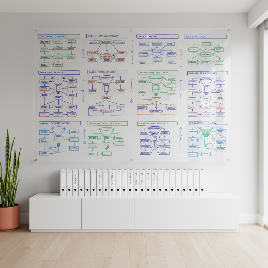 A large transparent acrylic wall board filled with colorful but tidy flowcharts, sales funnels, and annotated process maps, all drawn in precise marker lines. Below it, a minimalist white credenza holds organized binders labeled with different business functions: sales, marketing, training, operations. The room is a modern consulting space with neutral walls, a pale oak floor, and a single tall plant in the corner. Bright, diffused daylight from a nearby window illuminates the diagrams, creating crisp, readable reflections on the acrylic. Photographic realism, wide-angle shot straight on, with the board dominating the frame. The atmosphere is analytical yet optimistic, visually conveying the structure and clarity a business coach brings to complex operations.