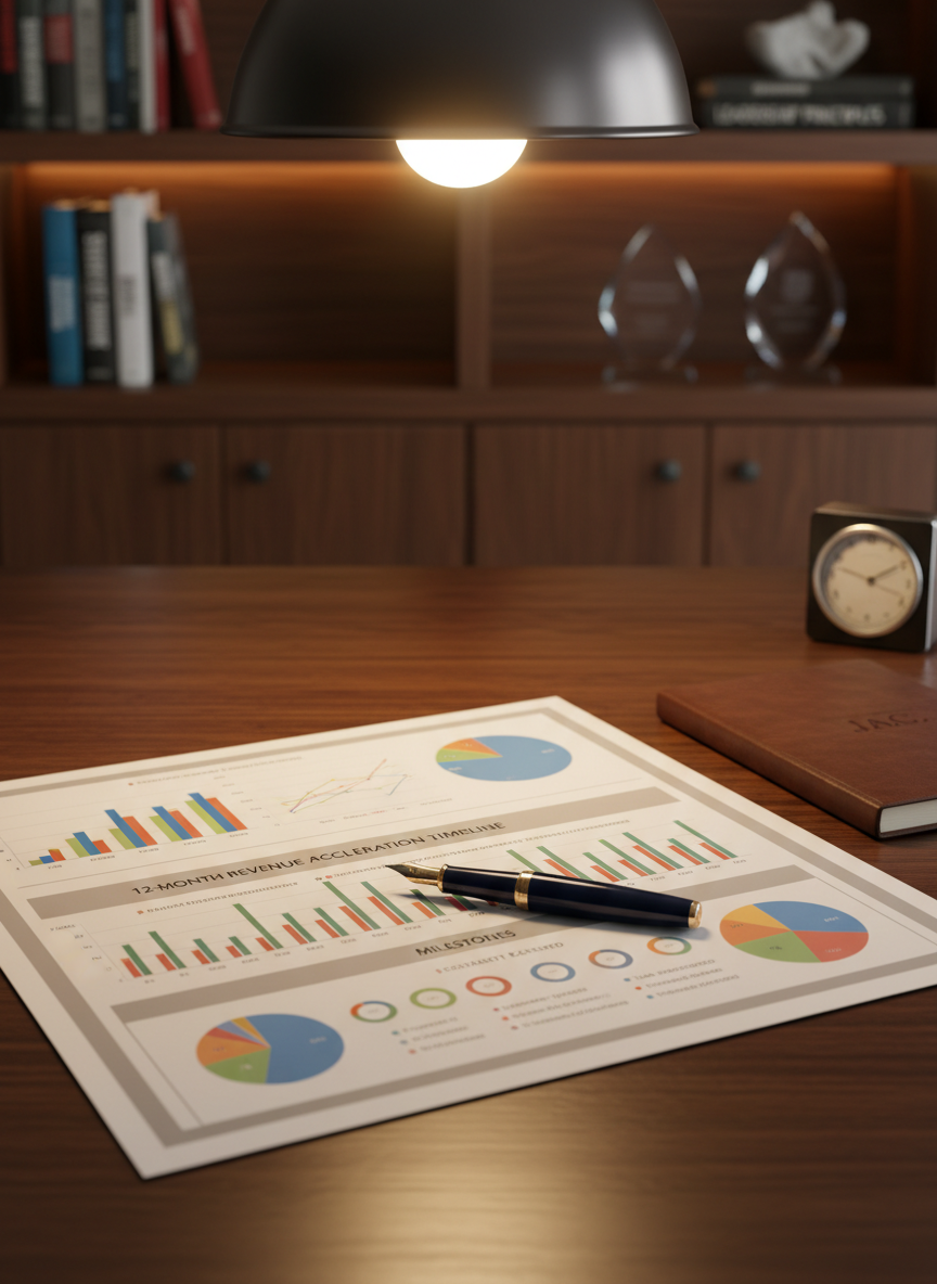 A polished wooden desk with a detailed business growth blueprint spread open, its pages filled with printed charts, a 12-month revenue acceleration timeline, and clearly defined milestones. A high-quality fountain pen rests diagonally across the page, next to a closed leather-bound notebook embossed with subtle initials. Behind the desk, built-in shelves hold neatly aligned business books and discreet awards. Soft, warm pendant lighting from above casts gentle highlights on the paper and a calm glow across the scene. Photographic realism, shot from a slightly elevated angle focusing on the open blueprint, with background elements softly out of focus. The mood is confident and methodical, representing thoughtful one-on-one business coaching and long-term planning.