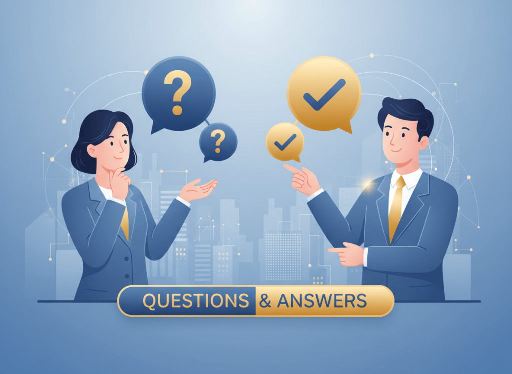 A clean, professional illustration visualizing questions and answers: speech bubbles with question marks and checkmarks, two people in a thoughtful discussion, modern Q&A concept with a professional blue and gold color palette, bright and polished